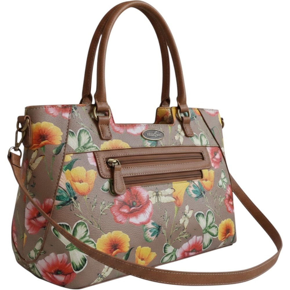 MultiSac Floral Satchel Handbag Brown Taupe Butterfly Poppy Crossbody Bag